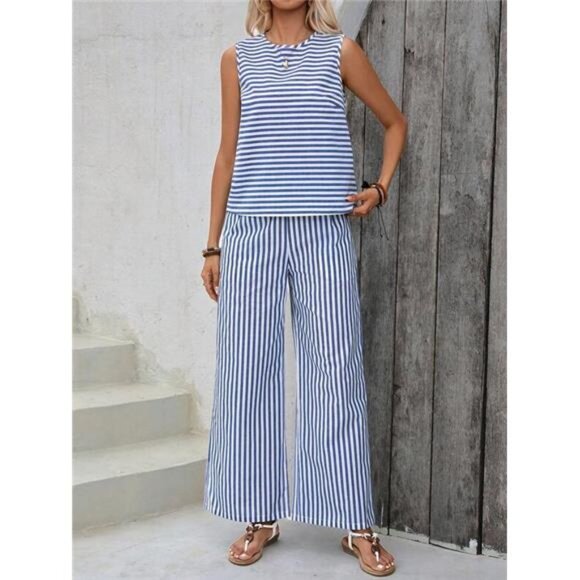 EMERY ROSE 2pcs/Set Striped Top And Pants Outfit Summer - Picture 4 of 6